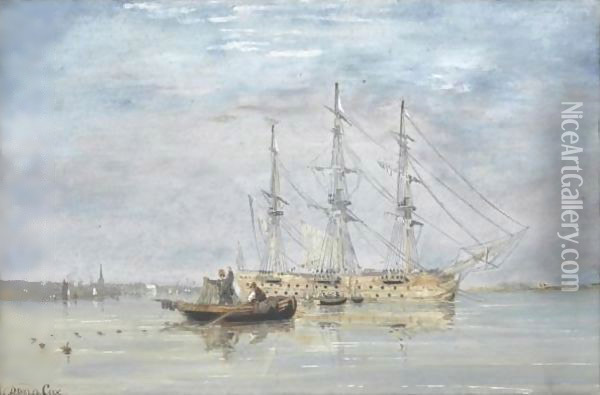 Fisherman Near A Three-Mastership In An Estuary, Chichester Beyond Oil Painting - David Cox