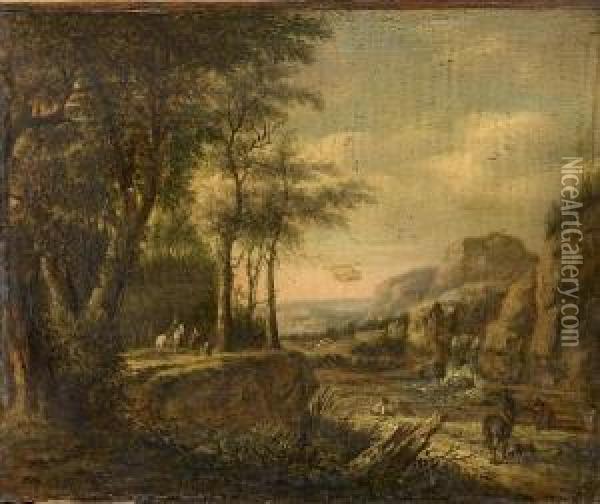 A River Landscape With Horsemen Resting Beside A Waterfall Oil Painting - Pieter Jansz. van Asch