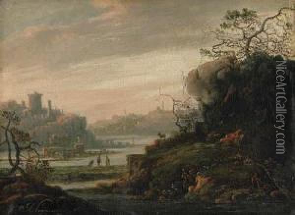 An Extensive River Landscape, A Town On A Hill Beyond Oil Painting - Adriaen Bloemaert