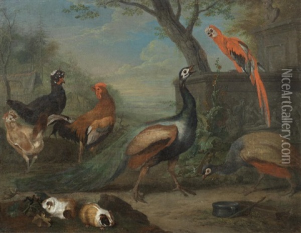 Peacocks, A Parrot, Hens And Guinea Pigs Before A Landscape Oil Painting - Carl Wilhelm de Hamilton