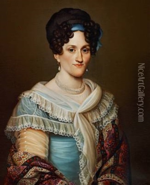 Portrait Of A Lady In A Blue Dress Oil Painting - Wilhelm Ferdinand Bendz