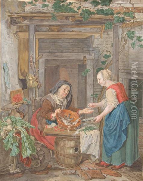 An Old Woman Selling Fish Oil Painting - Tethart Philip Christiaan Haag