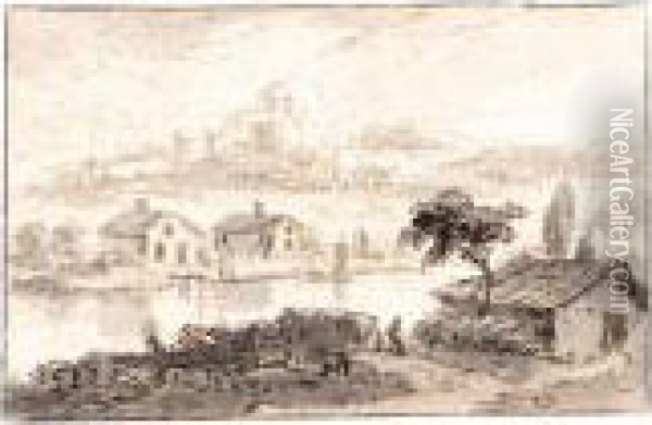 Italianate Landscape With Houses By A River And Hills Behind Oil Painting - Abraham Rademaker