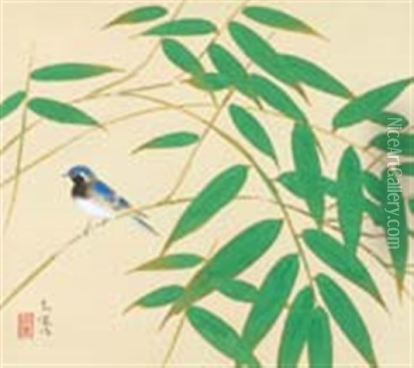 Little Bird By The Bamboo Leaves Oil Painting - Bakusen Tsuchida