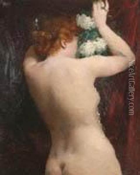 Nudo Di Donna Di Spalle Con Fiori Oil Painting - Giacomo Grosso
