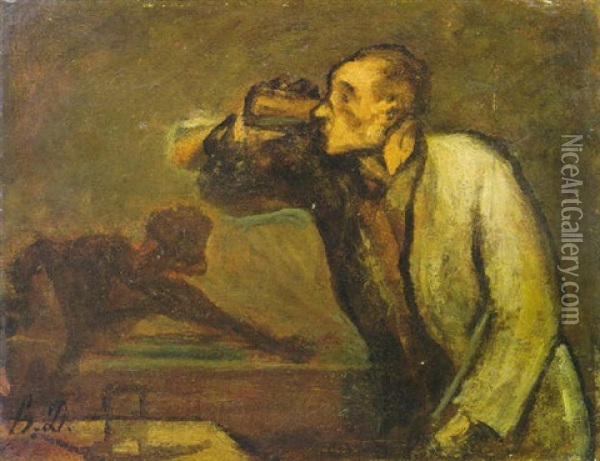 Joueurs De Billard (le Buveur) Oil Painting - Honore Daumier