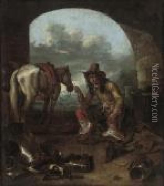 A Traveller Smoking A Pipe Oil Painting - Karel Dujardin