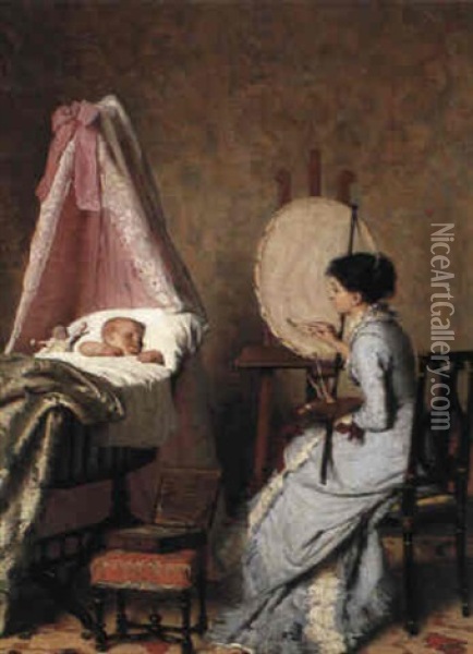 A Mother At Her Easel Oil Painting - Edouard John E. Ravel