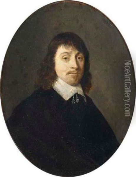 A Portrait Of A Bearded Man, 
Bust Length, Wearing A Black Coat With Lace Collar; A Portrait Of A 
Lady, Bust Length, Wearing A Black Dress With A Lace Collar And A Pearl 
Neck Lace Oil Painting - Gerard Terborch