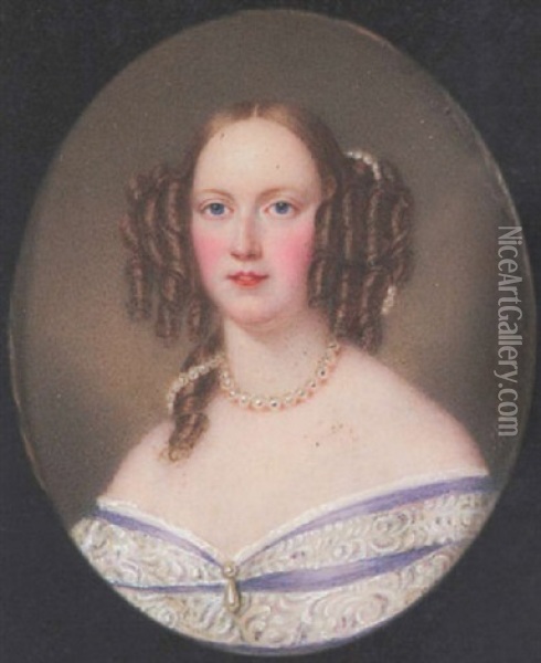 A Lady Wearing Decollete Mauve Dress With White Lace Bands And White Underslip, Drop Pearl Pendant, Pearl Necklace And Strand Of Pearls Entwined In Ringlets Oil Painting - Richard Schwager