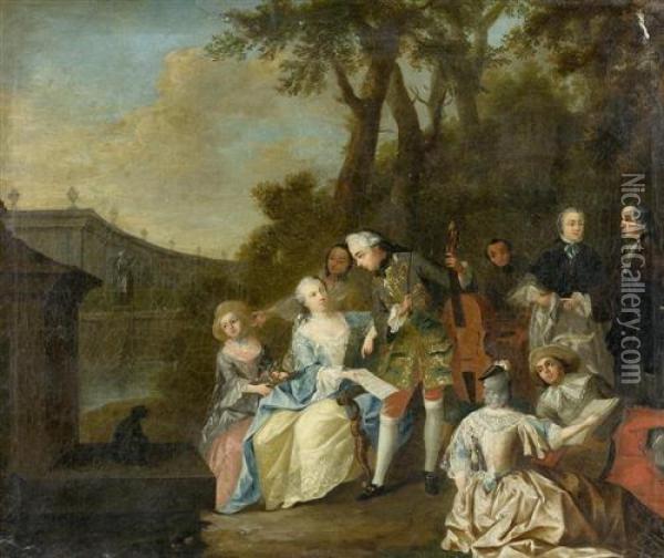 Gegenstucke: Feine Gesellschaft Im Freien. Oil Painting - Watteau, Jean Antoine