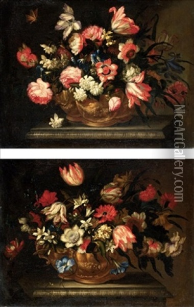 Nature Morte Con Vaso Di Fiori (+ Another, Similar; Pair) Oil Painting - Abraham Brueghel