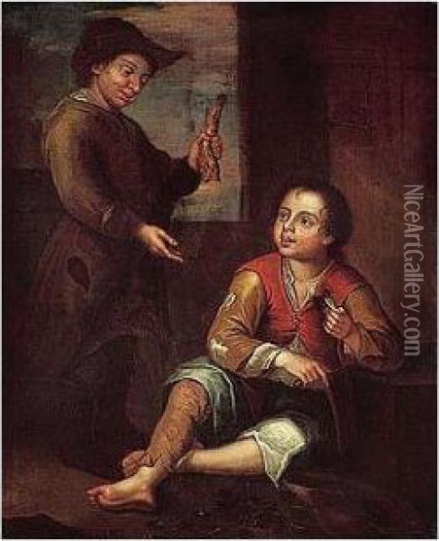 Young Boys Eating Mussels And Herring Oil Painting - Pedro Nunez De Villavicencio