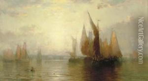 Sailboats On A River At Dawn Oil Painting - George Herbert McCord