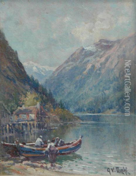 Fisherman On A Mountain Lake Oil Painting - Arthur Vidal Diehl