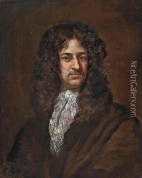 Portrait Of A Gentleman, 
Traditionally Identified As Charles Ii (1630-1685), Bust-length, In 
Brown Robes And Lace Cravat Oil Painting - Sir Godfrey Kneller