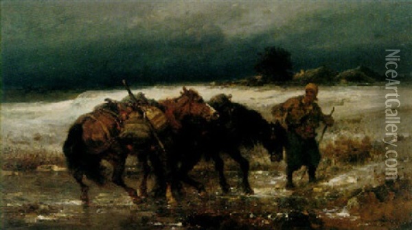 Wallachian Traveler At Night Oil Painting - Adolf Schreyer