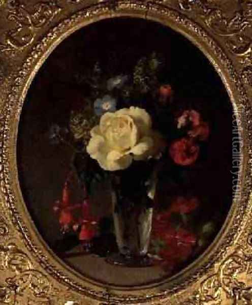Still Life of a Yellow Rose Mignonette and Fuchsias Oil Painting - Annie Feray Mutrie