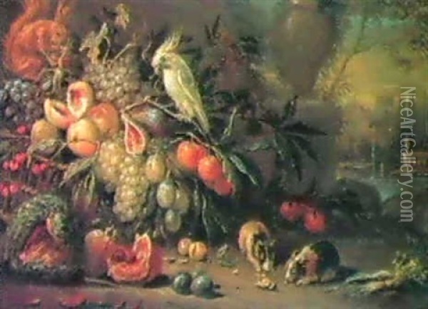 Natura Morte Di Frutta Con Scoiattolo, Pappagallo E Due     Porcellini D'india Oil Painting - Giovanni Paolo Castelli (lo Spadino)