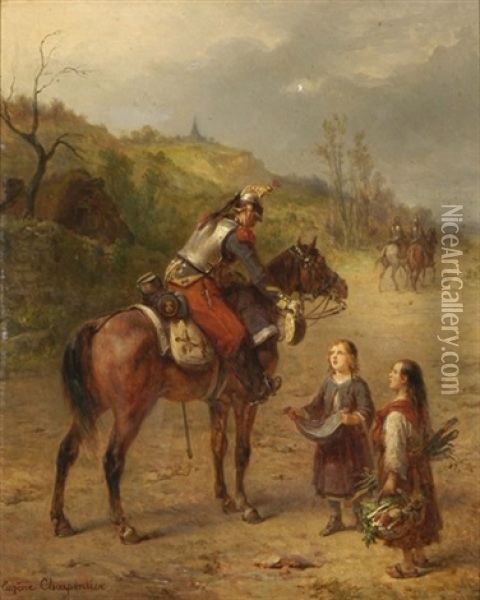 Kurassier Zu Pferd Mit Bettelnden Kindern oil painting reproduction by  Eugene Louis Charpentier 
