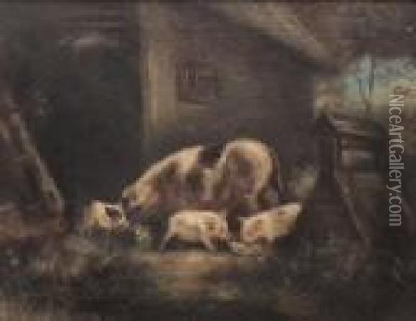 Pigs Outside A Cottage By Awell Oil Painting - George Morland