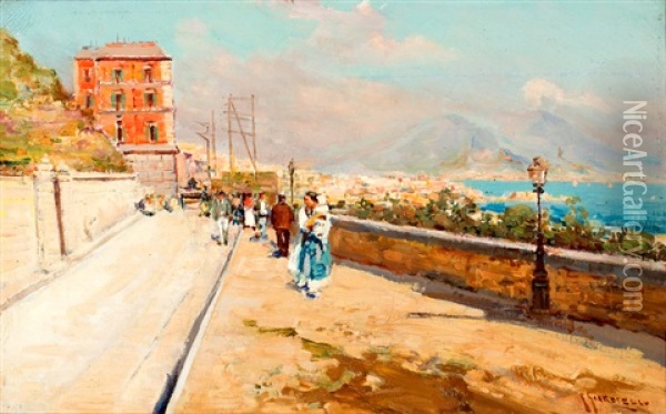 Wandelaars Bij Italiaanse Kustplaats Oil Painting - Giuseppe Giardiello