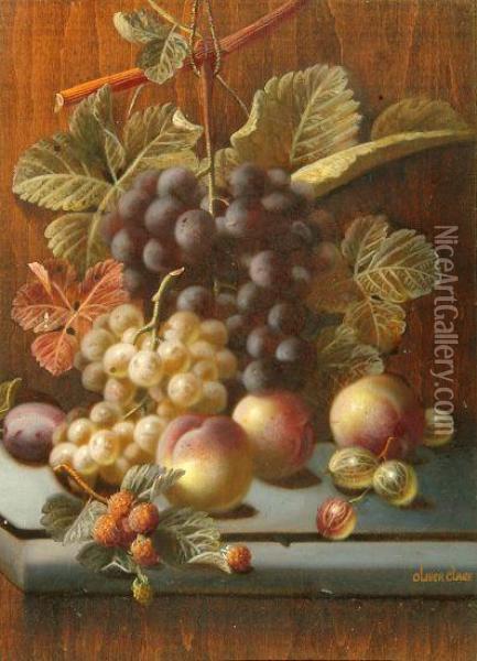 Still Life - Peaches, Bunches Of Grapes, Rasberries And Gooseberries On A Marble Ledge Oil Painting - Oliver Clare
