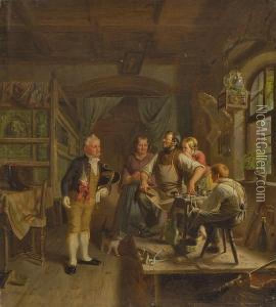 Der Hochzeitslader In Der Schusterwerkstatt Oil Painting - Carl Friedrich Lessing