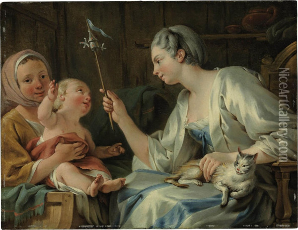 A Lady Entertaining A Child Of A Savoyard Woman With A Pinwheel Oil Painting - Noel Halle