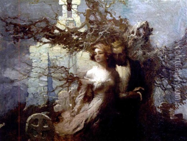 Couple In Moonlit Graveyard Oil Painting - Walt Louderback