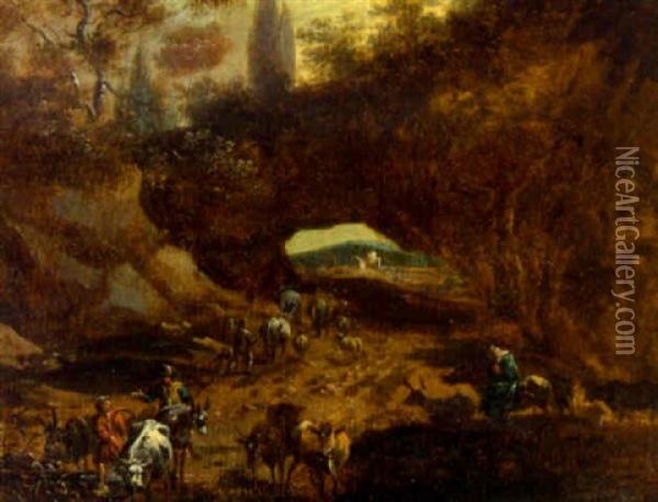 A Rocky Landscape With Drovers On A Track Oil Painting - Johannes van der Bent
