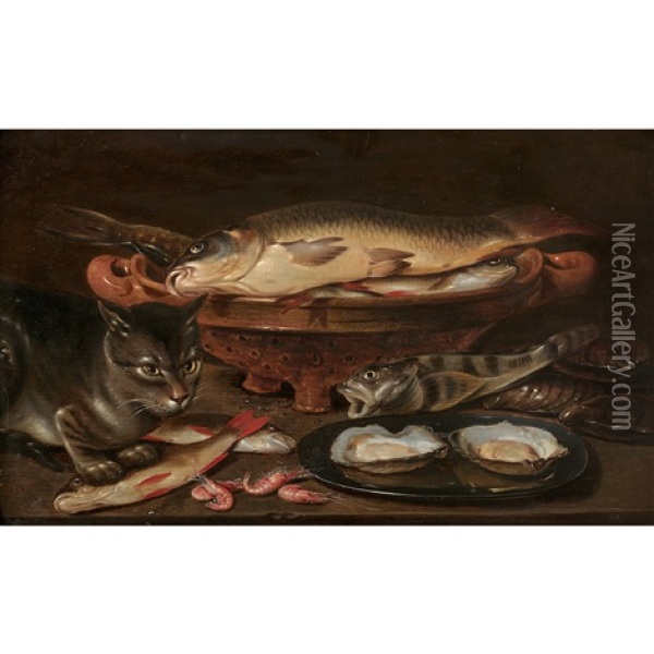 Nature Morte Aux Poissons, Huitres, Crevettes, Animee D'un Chat Oil Painting - Clara Peeters