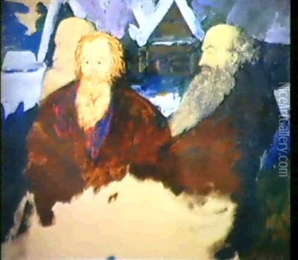 Trois Russes Devant Un Village Enneige Oil Painting - Filip Malyavin