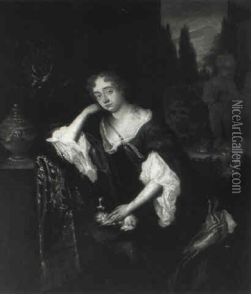 Portrait Of A Lady With A Spaniel In Her Lap Oil Painting - Caspar Netscher