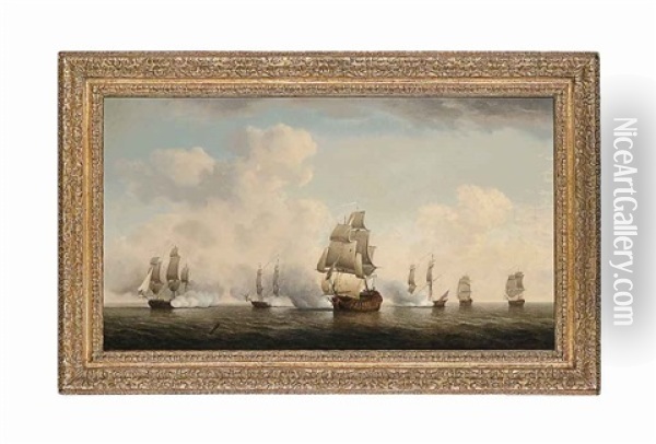 The English Privateer Squadron, Known As The 'royal Family', Capturing A French Ship Oil Painting - Charles Brooking