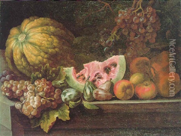 A Still Life Of Melons, Grapes, Plums, Apples And Pears With A Snail On A Stone Ledge Oil Painting - Giovanni Battista Ruoppolo