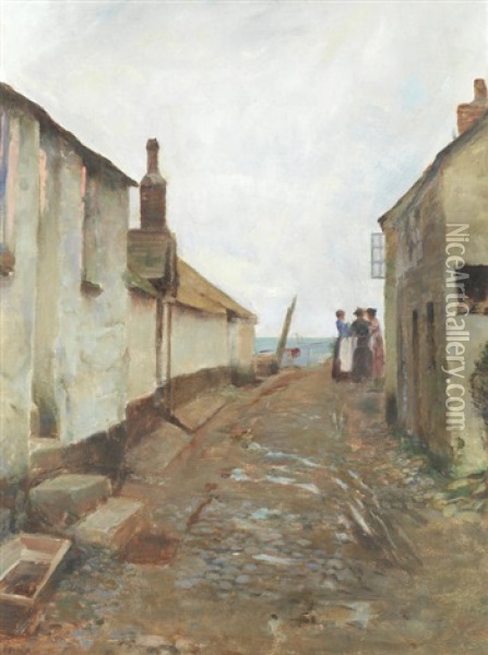 A Fishing Village Street Scene Oil Painting - Henry Edgar Crockett