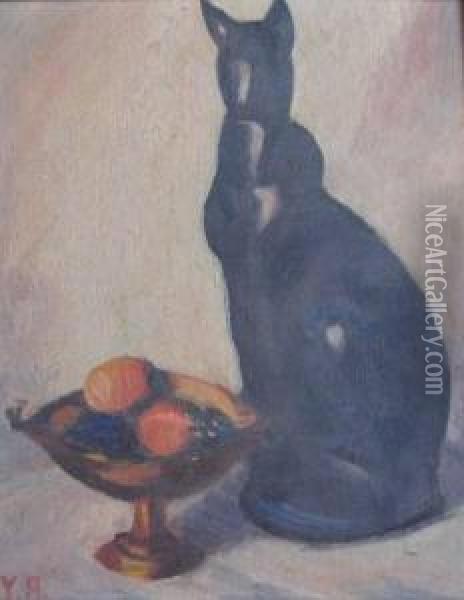 Cat By A Bowl Of Fruit Oil Painting - Yarnall Abbott