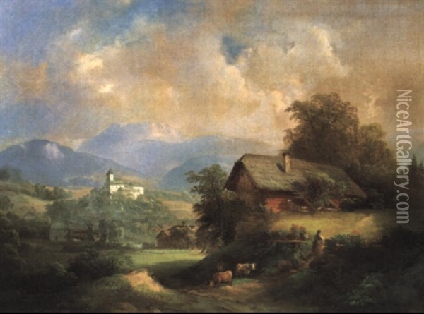 Idyllisches Schlos In Gebirgiger Landschaft Oil Painting - Franz Barbarini