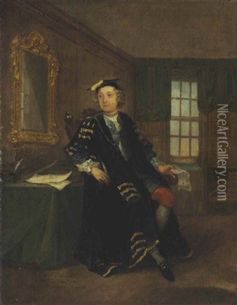 Portrait Of Thomas Western (1714-1766), Small Full-length, In His Study At Clare Hall, Cambridge Oil Painting - William Hogarth