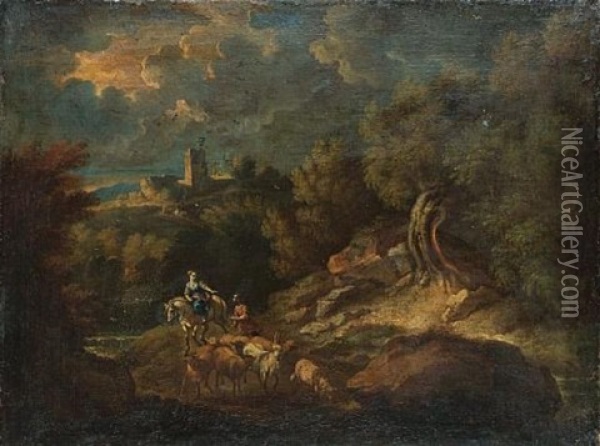 An Italianate Landscape With A Shepherd And His Flock With A Young Woman Riding A Horse, A View To A Village Beyond Oil Painting - Pieter Mulier the Younger