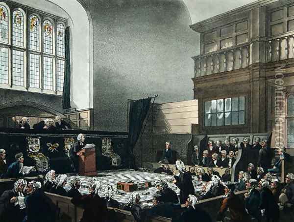 Court of Exchequer, Westminster Hall, from The Microcosm of London, engraved by J. C. Stadler fl.1780-1812, pub. by R. Ackermann 1764-1834 1808 Oil Painting - T. Rowlandson & A.C. Pugin