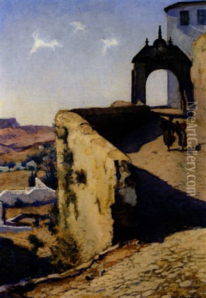 Spanisches Bergnest - Blick Auf Ronda Bei Malaga Mit Figurenstaffage Oil Painting - Wilhelm Hempfing