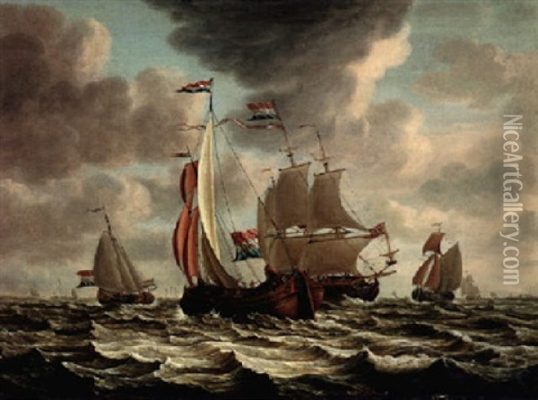 Shipping Scene With Dutch Flagships On Choppy Seas Oil Painting - Pieter Aartzs Blaauw