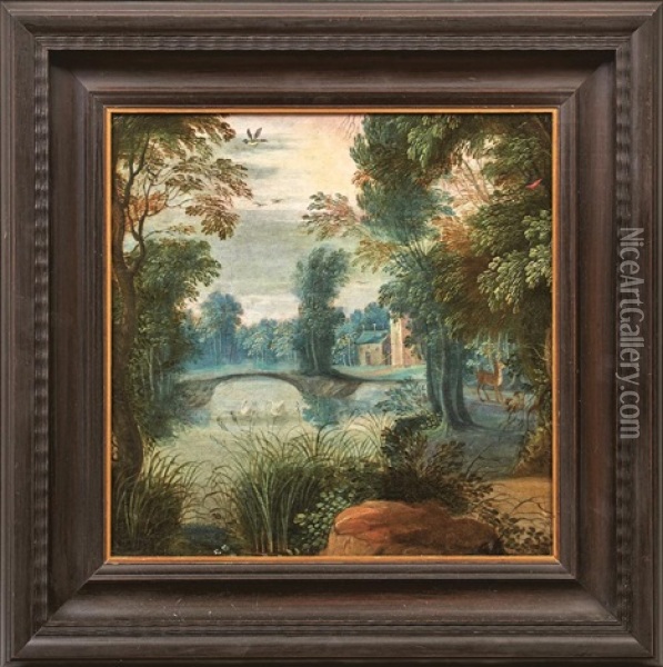 Flusslandschaft Mit Schwanen Und Hirsch Am Ufer Oil Painting - Isaac Van Oosten