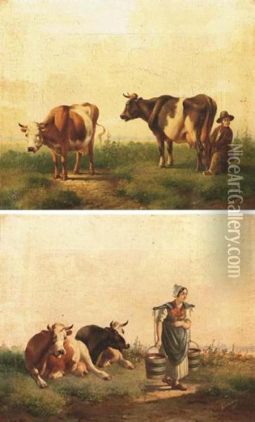A Milkmaid; And Milking The Cows Oil Painting - Albertus Verhoesen