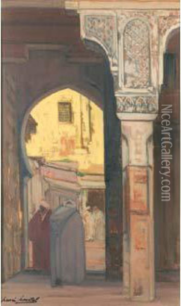 Personnages Dans Une Ruelle A Marrakech Oil Painting - Henri Hourtal