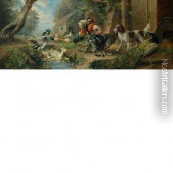 A Barnyard Cock Fight Watched By A Spaniel, A Peacock And Other Fowl Oil Painting - Julius Scheurer