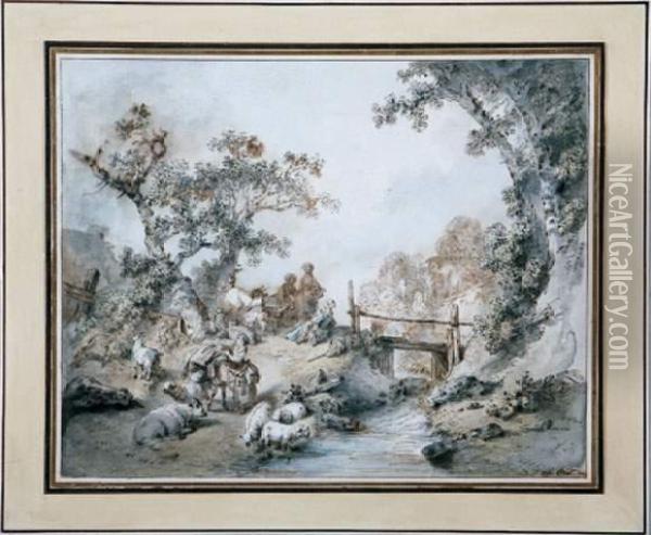 Bergers Et Troupeaux Se Reposant Pres D'un Ruisseau Oil Painting - Jean-Baptiste Huet I