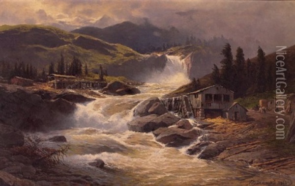 Norwegischer Wasserfall Mit Sagemuhlen Oil Painting - Karl Paul Themistocles von Eckenbrecher